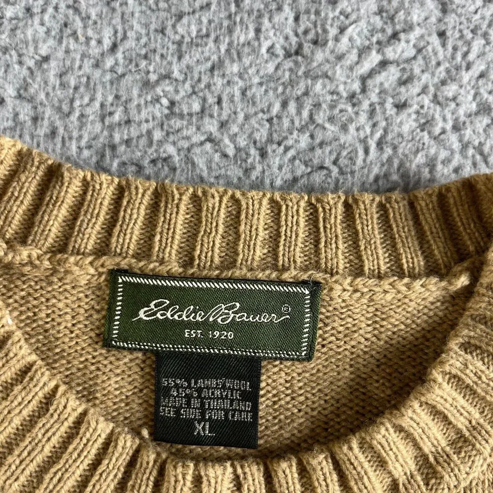 NEW Vintage Eddie Bauer Sweater Mens Extra Large Beige Lambs‎ Wool Smart Fabric
